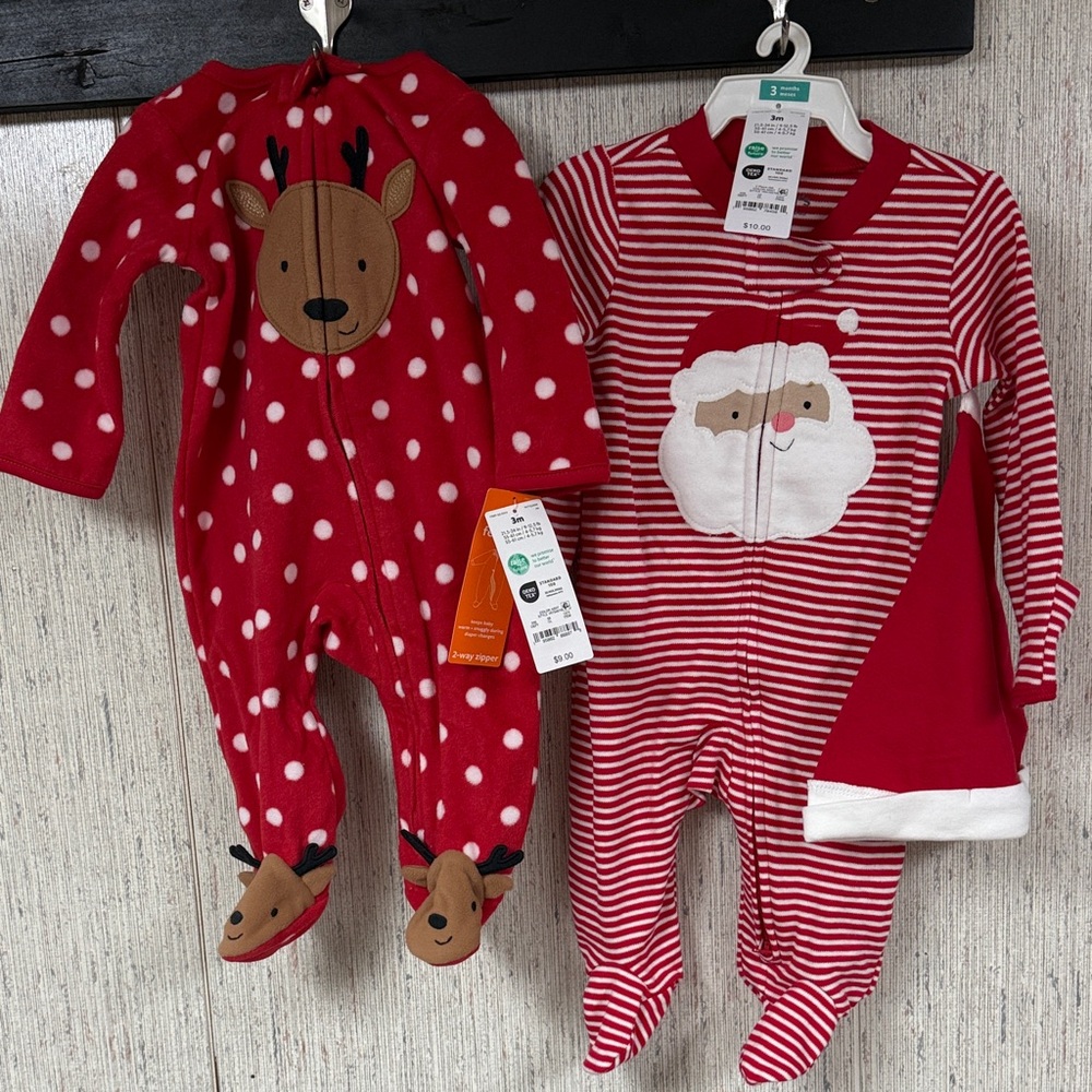 Red and White Kids One Piece Set with Reindeer and Santa Design